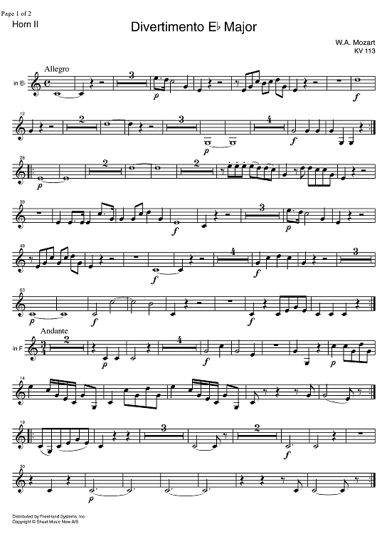 Divertimento No. 1 Eb Major KV113 - Horn 2