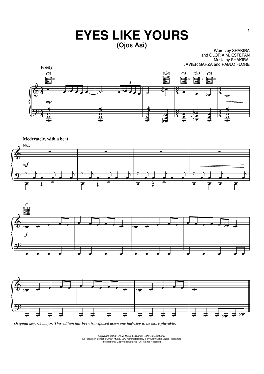 Eyes Like Yours (Ojos Asi)" Sheet Music by Shakira for Piano/Vocal