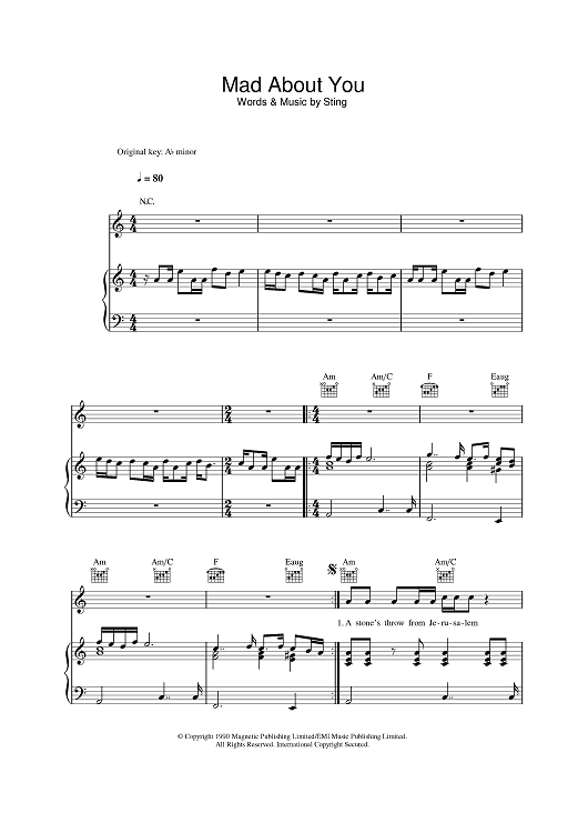 Mad About You" Sheet Music by Sting for Piano/Vocal/Chords Sheet