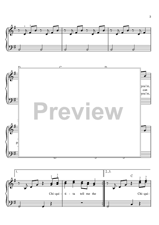 Sheet music image for “Chiquitita” by ABBA arranged for easy piano performance