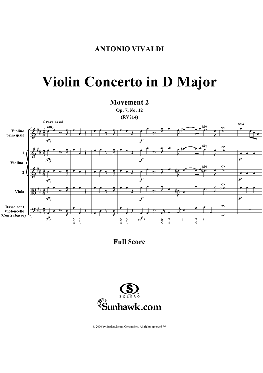 Violin Concerto in D Major, Movt. 2  Op. 7 No. 12   RV214 - Score