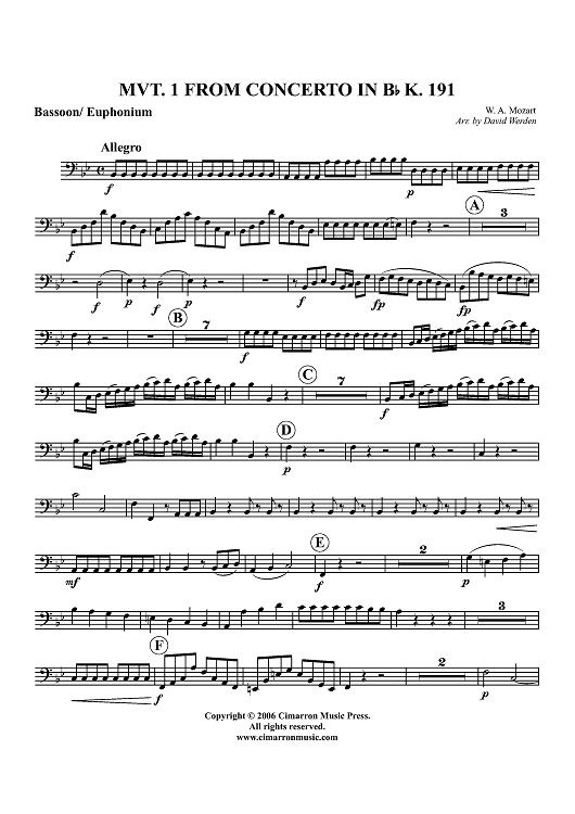 Mvt. 1 from Concerto in B-flat, K. 191 - Bassoon or Euphonium