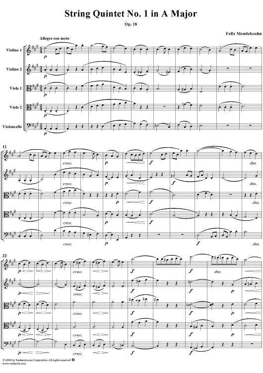 String Quintet No. 1 in A Major, Op. 18 - Score