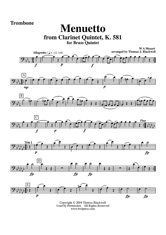 Menuetto from Clarinet Quintet, K. 581 - Trombone