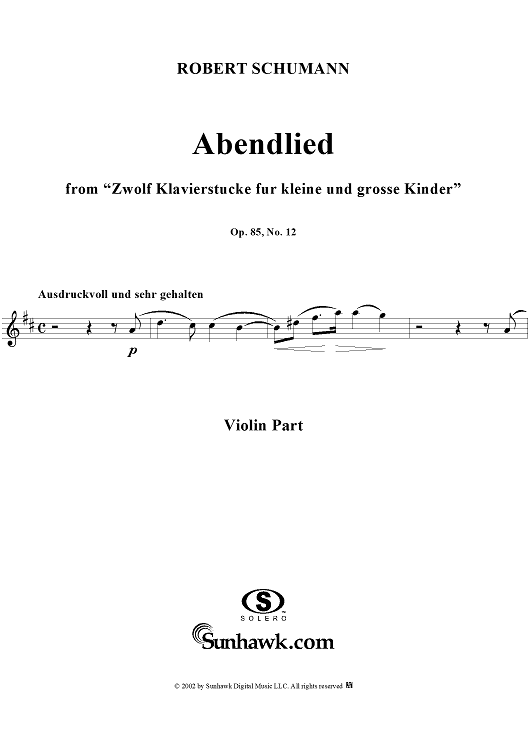 Twelve Klavierstücke für kleine und grosse Kinder, Op. 85 No. 12, "Abendlied" (Evening Song), - Violin