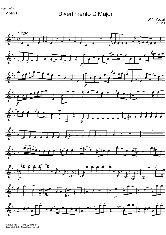 Divertimento No. 2 D Major KV131 - Violin 1