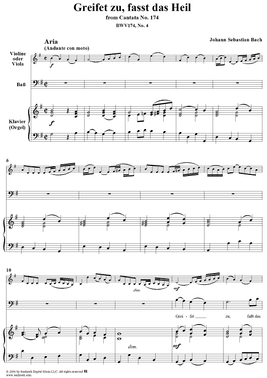 "Greifet zu, fasst das Heil", Aria, No. 4 from Cantata No. 174: "Ich liebe den Höchsten von ganzem Gemüte" - Piano Score