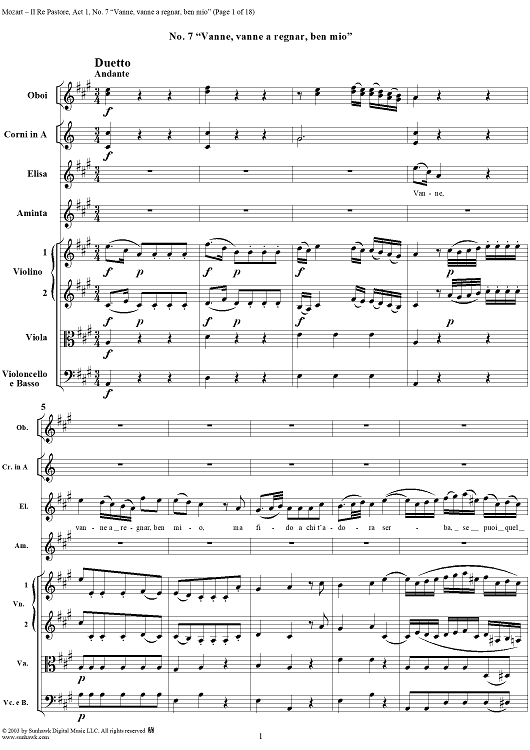 Vanne, vanne à regnar, ben mio, No. 7 from "Il Re Pastore", Act 1 (K208) - Full Score