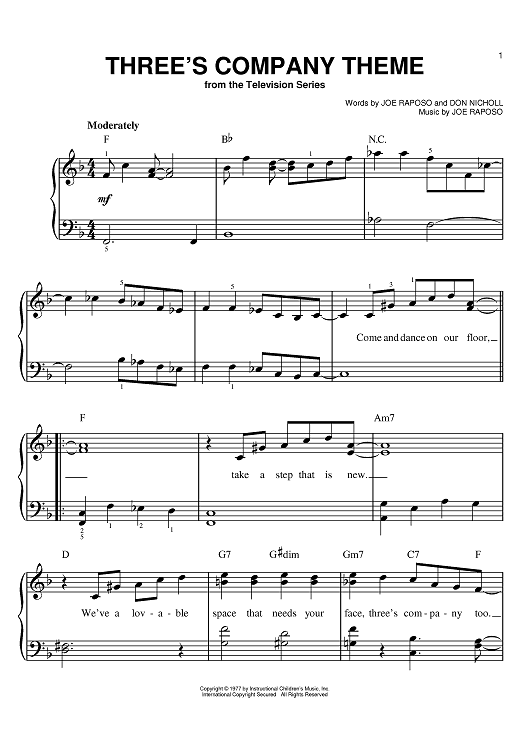 Three's Company Theme" Sheet Music by Joe Raposo for Easy Piano Sheet