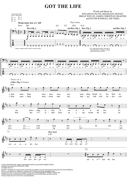 Got the Life" Sheet Music by Korn for Bass Tab/Vocal - Sheet Music Now