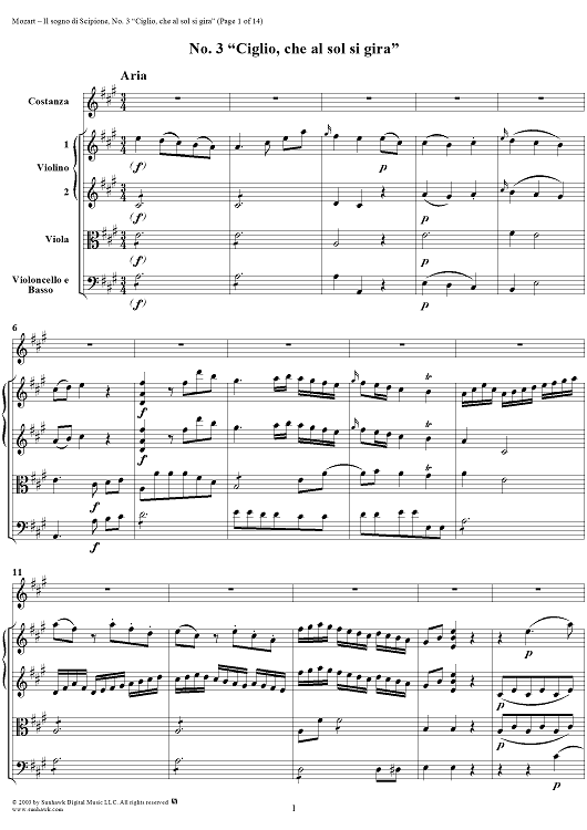 Ciglio, che al sol si gira (Aria), No. 3 from "Il Sogno di Scipione" - Full Score