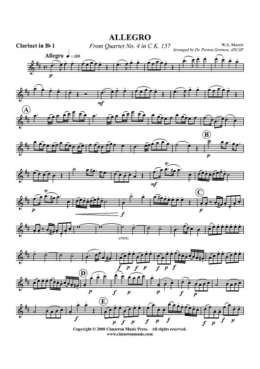 Allegro from Quartet No. 4 in C, K. 157 - Clarinet 1 in B-flat