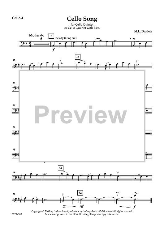 Cello Song for Cello Quintet or Cello Quartet with Bass - Cello 4