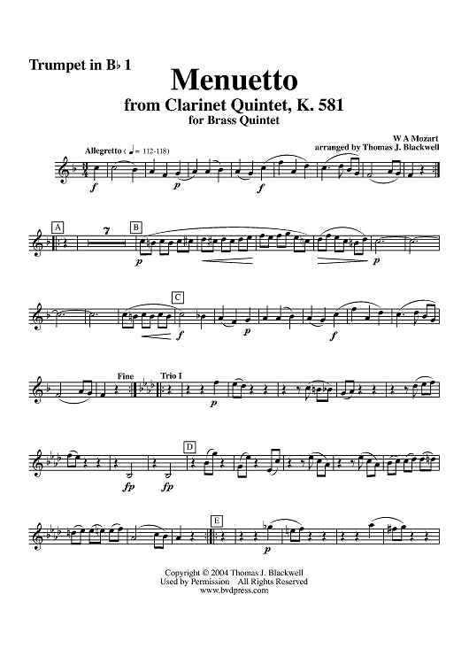 Menuetto from Clarinet Quintet, K. 581 - Trumpet 1