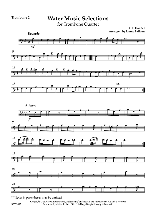 Water Music Selections for Trombone Quartet - Trombone 2