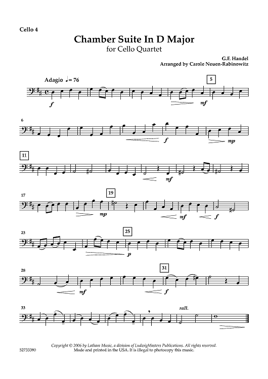 Chamber Suite in D Major for Cello Quartet or Choir - Cello 4