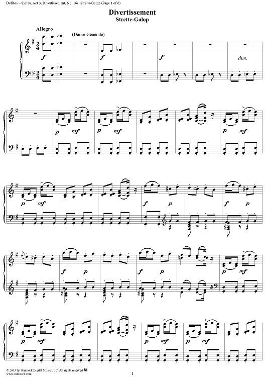 Sylvia, Divertissement, No. 16e: Strette-Galop - Piano Score
