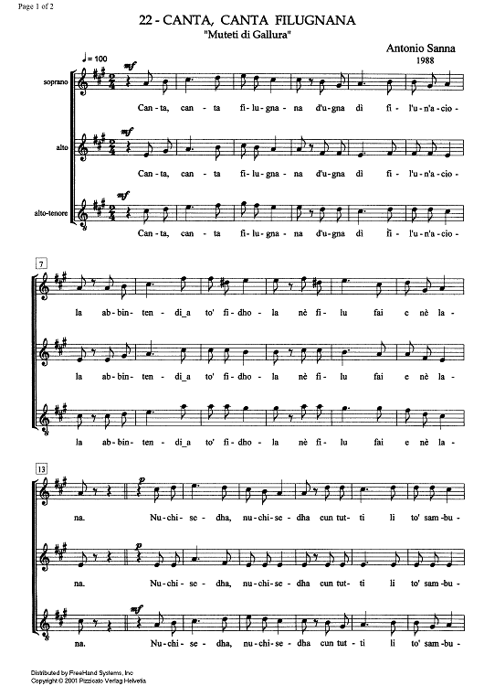 Canta, canta filugnana - Score