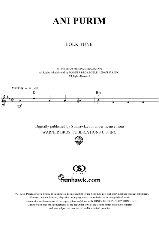 Ani Purim - B-flat Instrument
