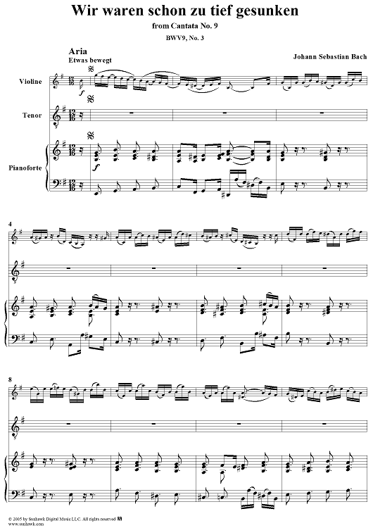 "Wir waren schon zu tief gesunken", Aria, No. 3 from Cantata No. 9: "Es ist das Heil uns kommen her" - Piano Score