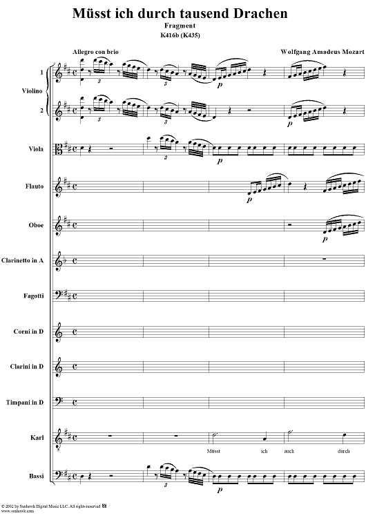 Aria for Tenor and Orchestra: "Müsst ich auch durch tausend Drachen", K. 435(K. 416b) - Full Score