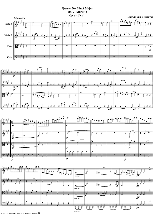 Op. 18, No. 5, Movement 2 - Menuetto - Score