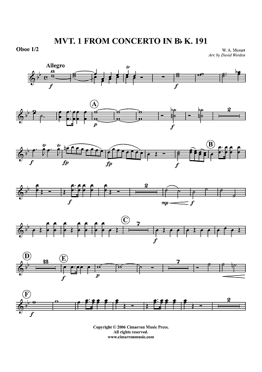 Mvt. 1 from Concerto in B-flat, K. 191 - Oboe 1/2