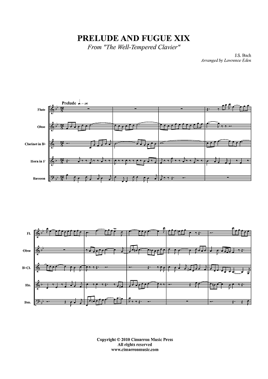 Prelude and Fugue XIX - From "The Well-Tempered Clavier" - Score