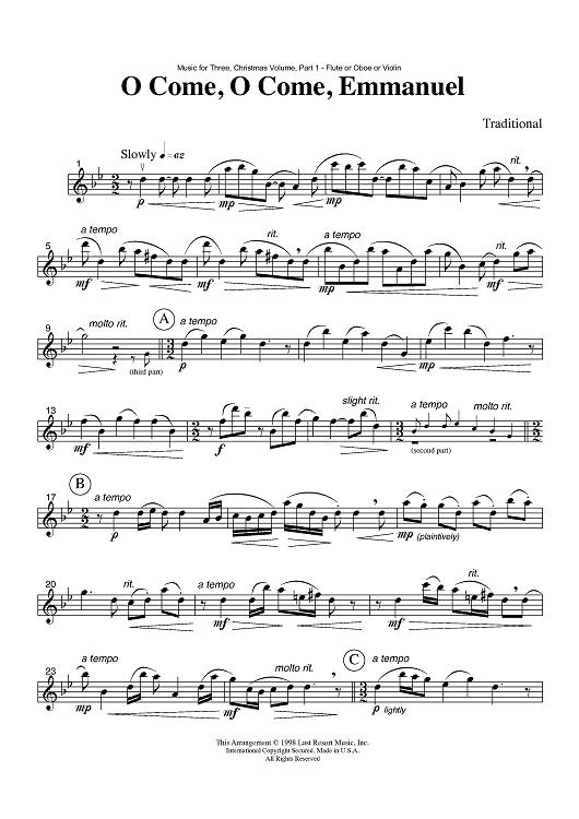 O Come, O Come, Emmanuel - Part 1 Flute, Oboe or Violin