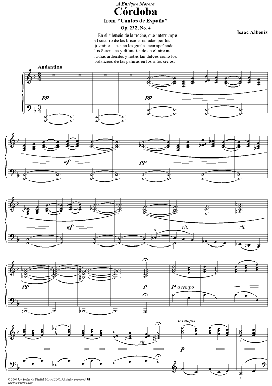 Cordoba in D Minor, No. 4 from Cantos de España (Songs of Spain), Op. 232