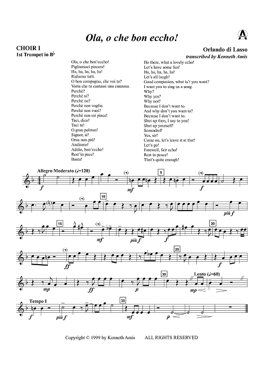 Ola, o che bon eccho! - Choir 1, Trumpet 1 in B-flat and C