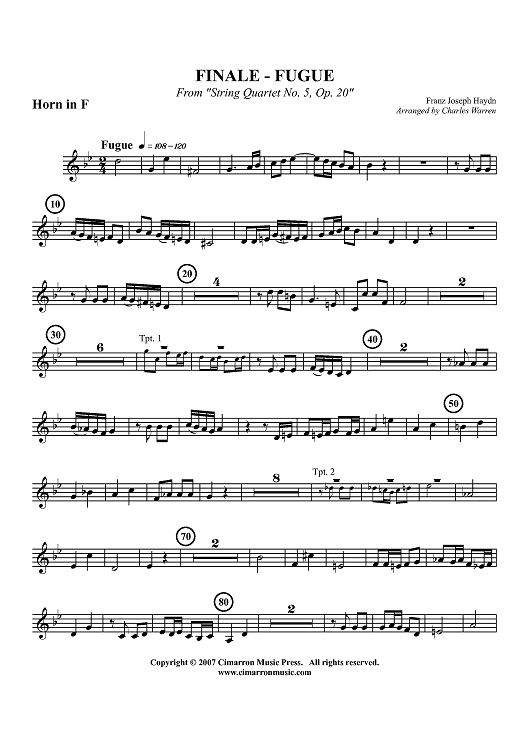 Finale - Fugue - from "String Quartet No. 5, Op. 20" - Horn in F