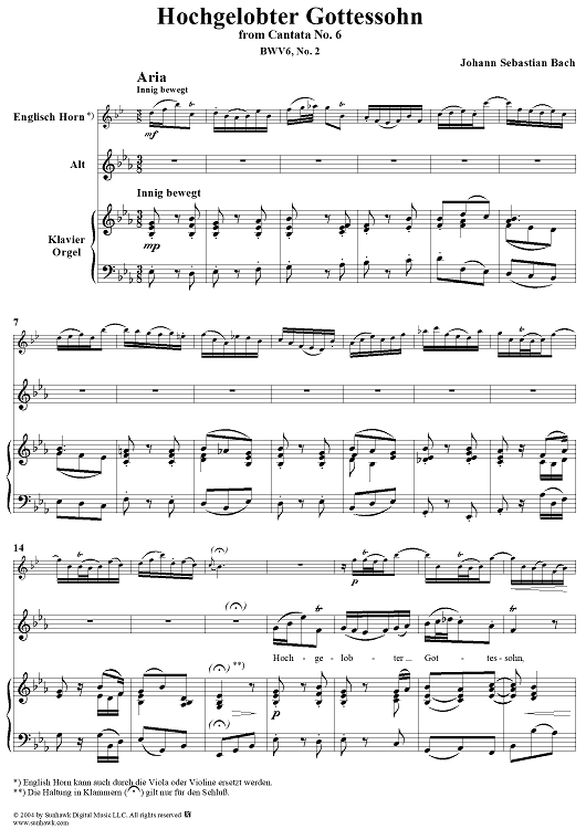 "Hochgelobter Gottessohn", Aria, No. 2 from Cantata No. 6: "Bleib' bei uns, denn es will Abend werden" - Piano Score