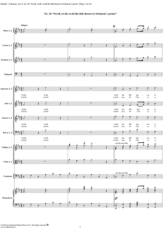 Swell, swell, swell the full chorus to Solomon's praise, No. 26 from Oratorio "Solomon", Act 2 (HWV67)