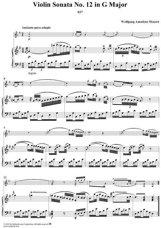 その他 Sonata in G for Violin & Piano Violin Sonata No. 12 in G Major, K27 - Piano Score