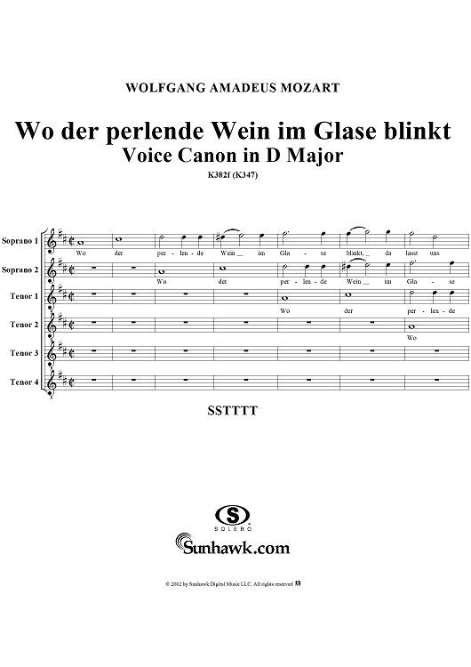 Wo der perlende Wein im Glase blinkt, six voice canon in D Major, K382f (K347)