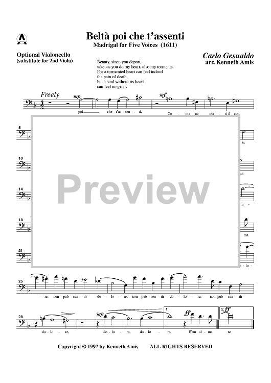 Belta poi che t'assenti - Optional Cello (for Viola 2)