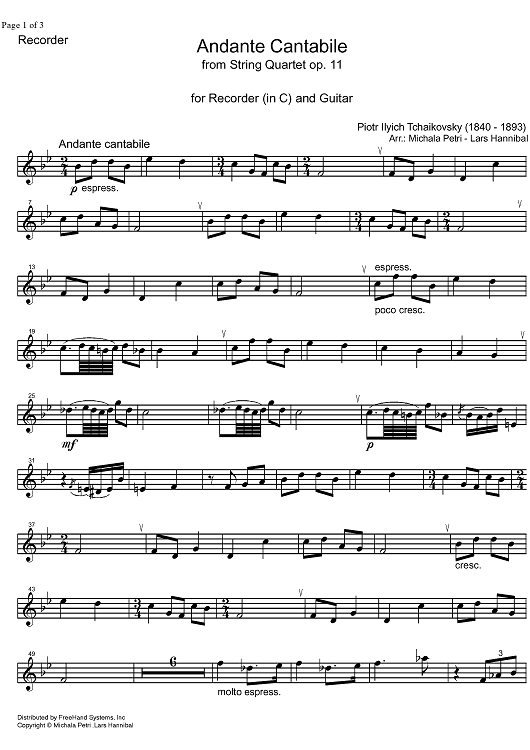 Quartet No. 1 in D major (D-dur). Movement II, Andante cantabile - Recorder