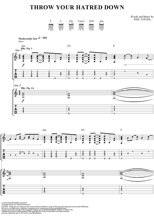 Throw Your Hatred Down" Sheet Music by Neil Young for Guitar Tab/Vocal