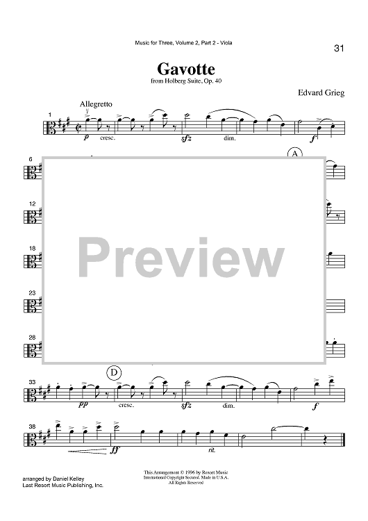 Gavotte - from Holberg Suite, Op. 40 - Part 2 Viola