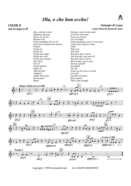 Ola, o che bon eccho! - Choir 2, Trumpet 2 in B-flat and C