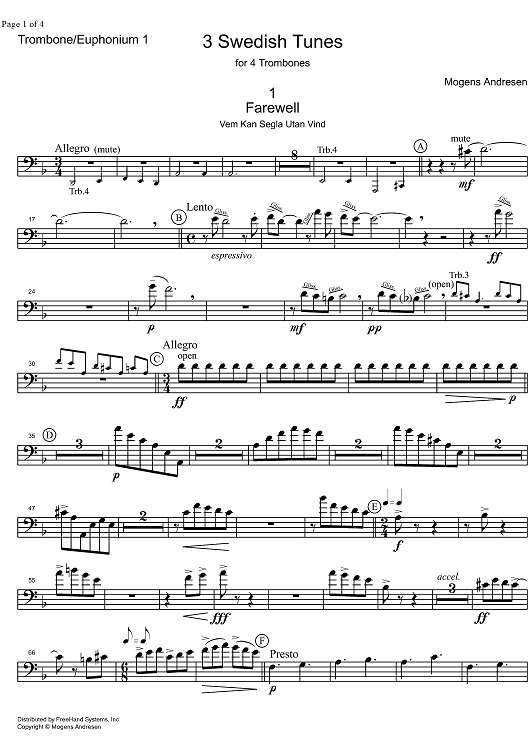 3 Swedish Tunes - Trombone 1