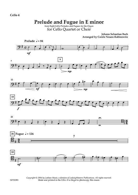Prelude and Fugue for Cello Quartet or Choir - Cello 4
