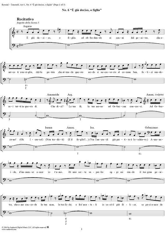 È già deciso, o figlia: No. 6 from "Tancredi", Act 1, Scene 3 - Score