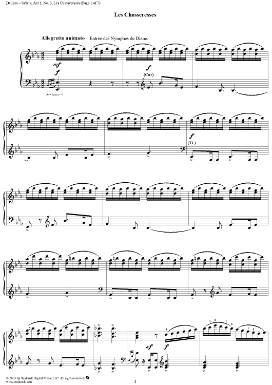 Sylvia, Act 1, No. 3: Les Chasseresses - Piano Score