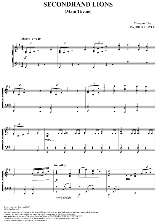 Secondhand Lions (Main Theme)" Sheet Music for Piano Solo Sheet Music Now