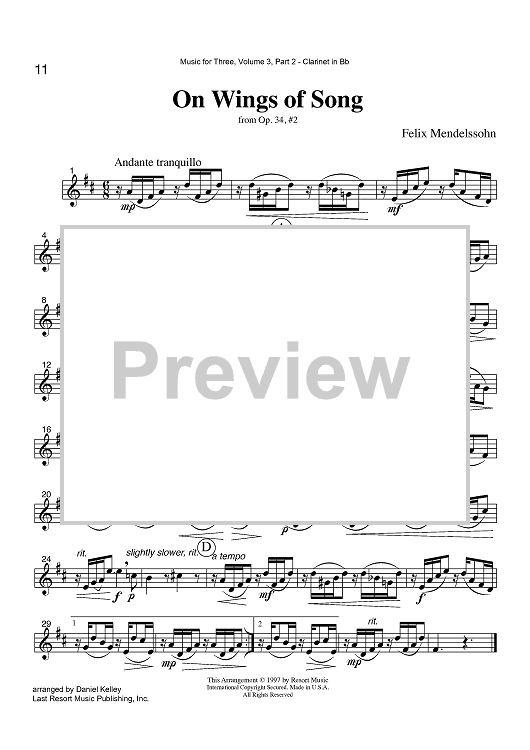 On Wings of Song - from Op. 34, #2 - Part 2 Clarinet in Bb