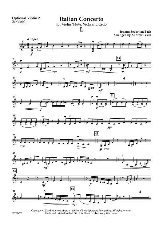 Italian Concerto for Violin/Flute, Viola and Cello - Violin 2 (for Viola)