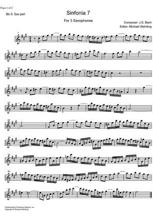 Three Part Sinfonia No. 7 BWV 793 e minor - B-flat Soprano Saxophone