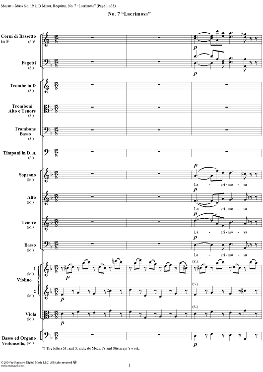 Lacrimosa, No. 7 from Mass No. 19 (Requiem) in D Minor, K626 - Full Score